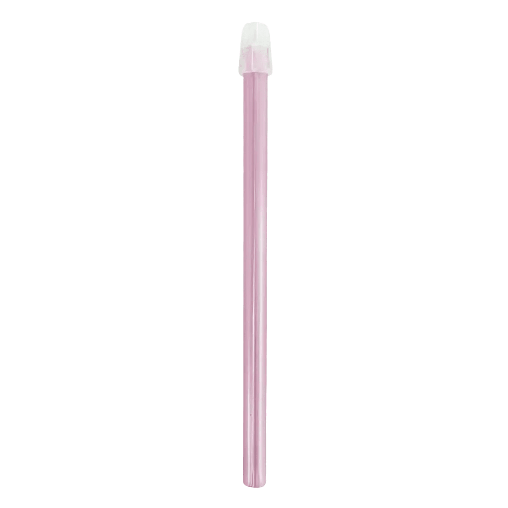 A single pink colored pencil with a white tip, reminiscent of the AMPri Dental saliva ejector, is placed against a simple white background.