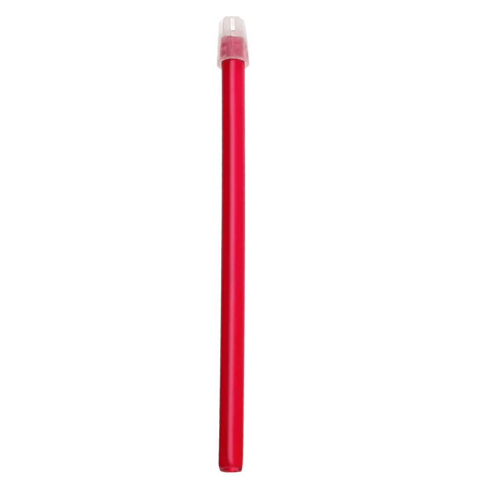 A single red colored pencil with a transparent cap stands upright against a white background, reminiscent of the precision of instruments like the AMPri Dental saliva ejector 130 mm and 150 mm, offered by AMPri Handelsgesellschaft mbH in various colors for use in dental procedures.