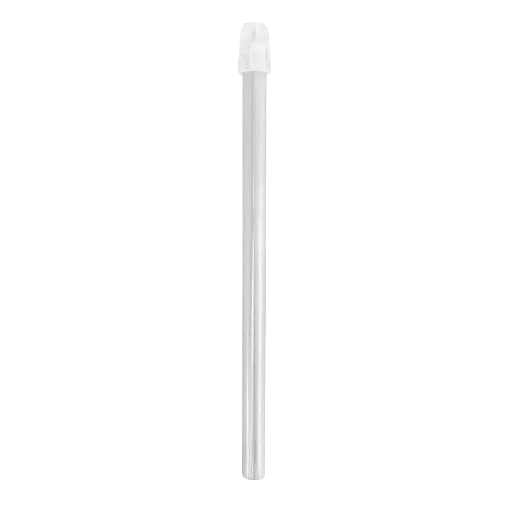An AMPri Dental saliva ejector, a transparent cylindrical plastic straw with a white cap from AMPri Handelsgesellschaft mbH, is isolated on a white background.