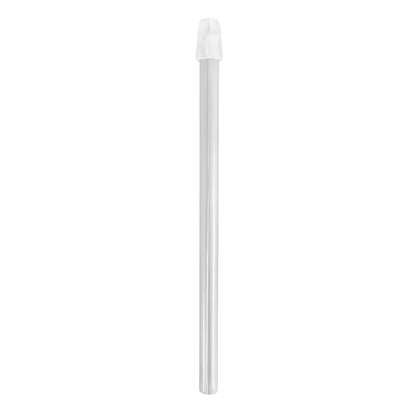 An AMPri Dental saliva ejector, a transparent cylindrical plastic straw with a white cap from AMPri Handelsgesellschaft mbH, is isolated on a white background.