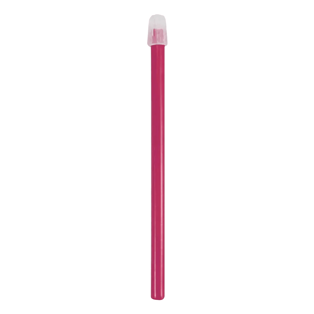 A single pink AMPri Dental saliva ejector with a precise tip, as required for dental procedures, features a transparent plastic cap at the end. It stands vertically against a simple white background.
