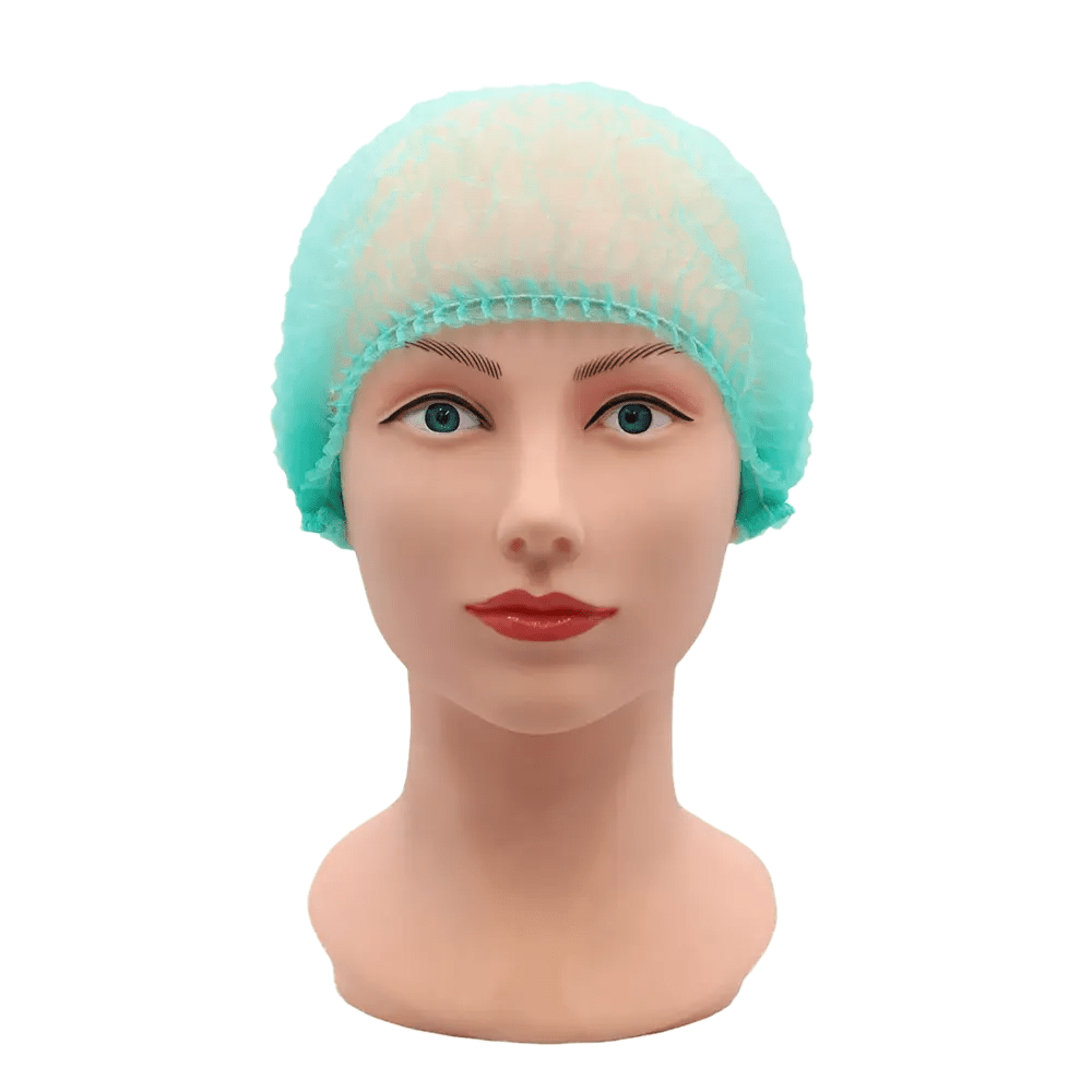 The head of a mannequin is adorned with a light blue AMPri ECO-PLUS clip cap, ideal for use in the medical field. It shows a neutral expression against a plain white background.