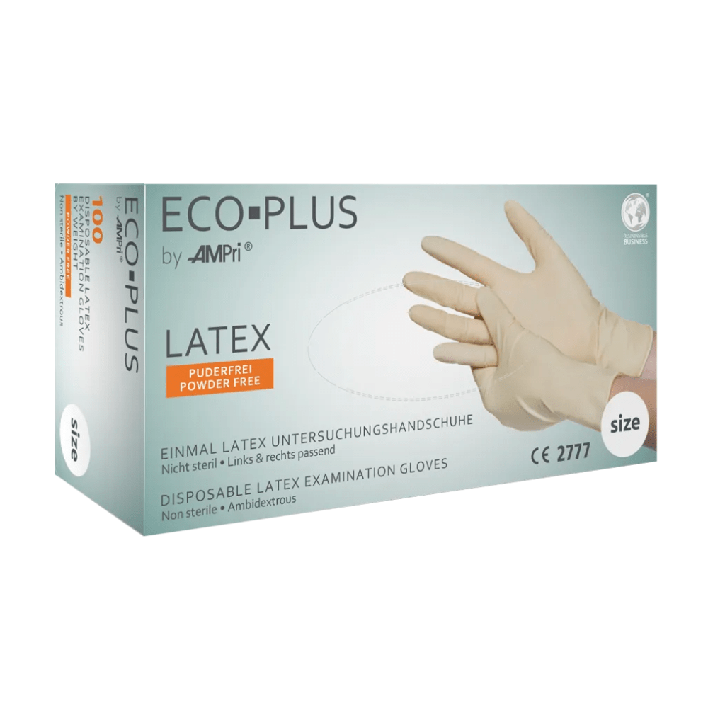 A box of AMPri ECO-PLUS latex gloves powder-free, white from AMPri Handelsgesellschaft mbH. The packaging shows an image of gloved hands and contains information that these are disposable gloves that are non-sterile, powder-free, and suitable for both hands. The box also contains size information as well as various certifications and instructions.
