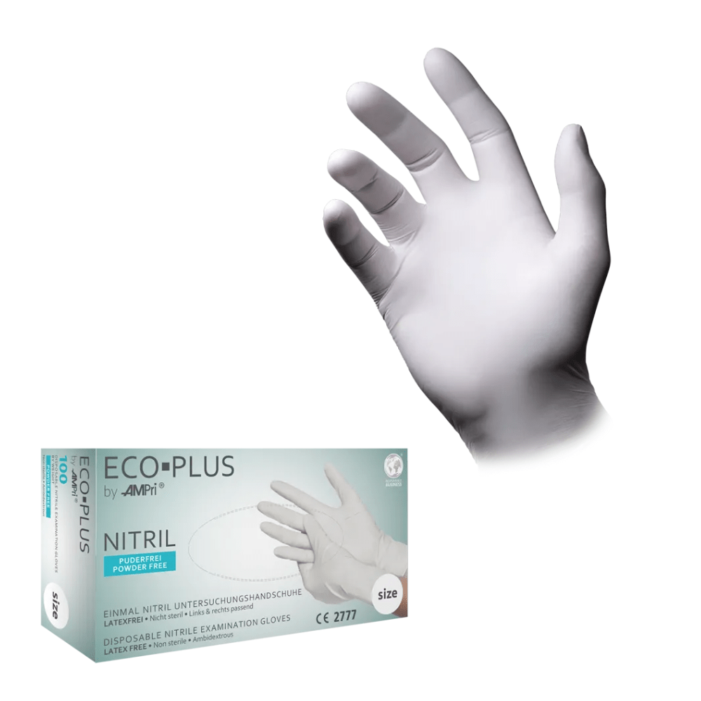 An image of a white AMPri ECO-PLUS disposable nitrile glove on a hand. Under the glove, there is an Eco-Plus package with text stating that the gloves are powder-free, latex-free, and hygienic for examination. The box contains brand details of AMPri Handelsgesellschaft mbH, a CE certification, and size information.