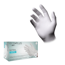 An image of a white AMPri ECO-PLUS disposable nitrile glove on a hand. Under the glove, there is an Eco-Plus package with text stating that the gloves are powder-free, latex-free, and hygienic for examination. The box contains brand details of AMPri Handelsgesellschaft mbH, a CE certification, and size information.
