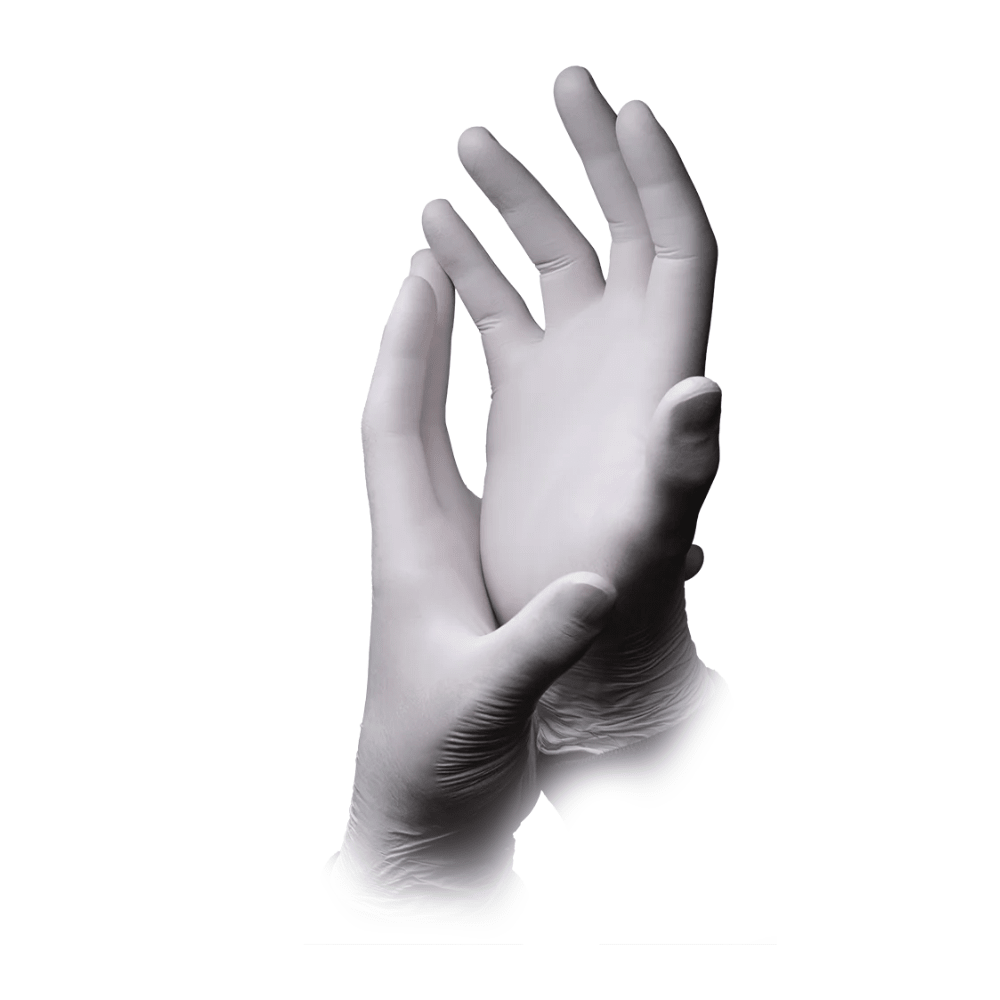 Two gloved hands wearing white AMPri ECO-PLUS powder-free nitrile gloves are positioned against a white background. The hands appear to be in a slightly cupped and open position, with relaxed fingers pointing upwards, illustrating the hygiene standards of AMPri Handelsgesellschaft mbH.