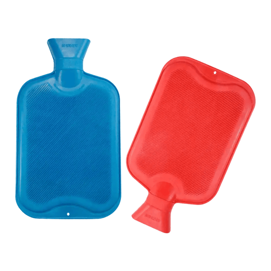 On the left is a blue AMPri rubber hot water bottle with a screw cap, 2 liters, with a textured surface, and on the right is the red rectangular counterpart. Both models from AMPri Handelsgesellschaft mbH are often used in hospitals to provide more comfort and warmth.