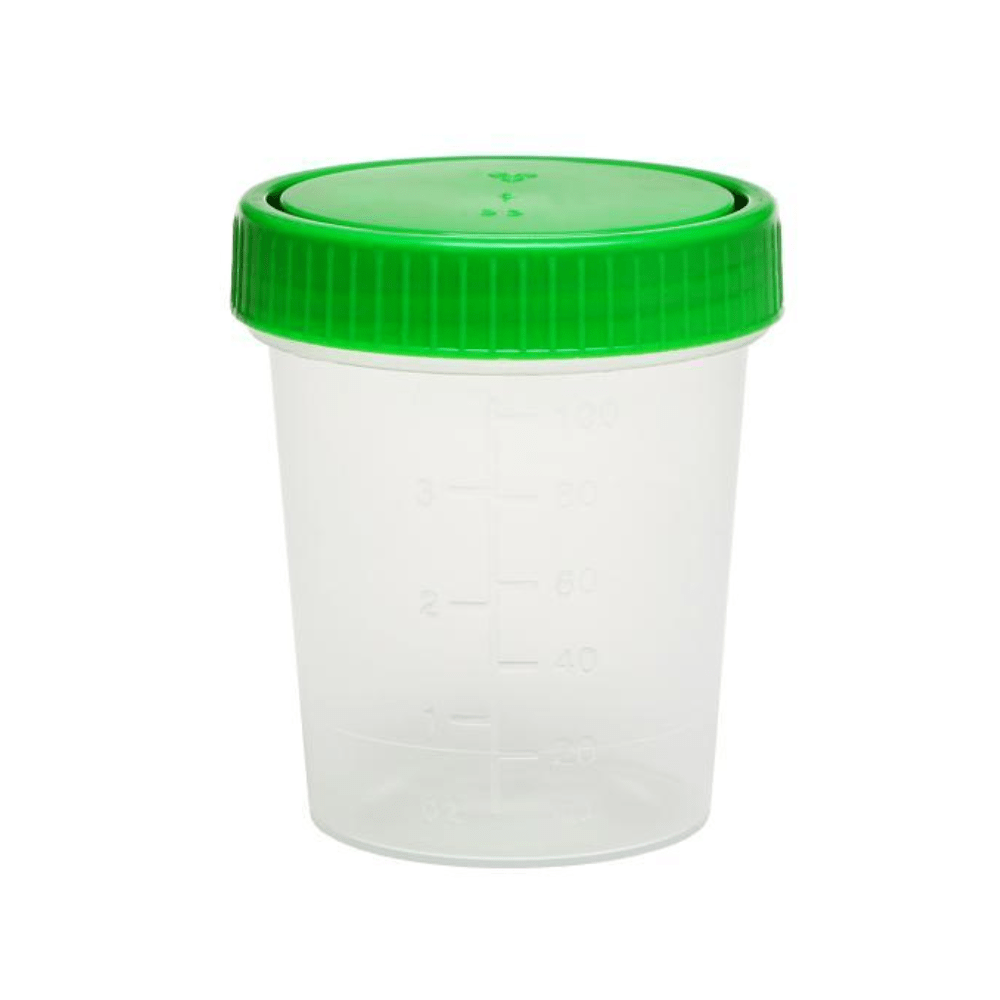 The AMPri urine sample cup features a green screw cap and 100 ml measurement markings on its transparent polypropylene body, with the tightly sealed cap enhancing the view against a bright white background.