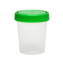 The AMPri urine sample cup features a green screw cap and 100 ml measurement markings on its transparent polypropylene body, with the tightly sealed cap enhancing the view against a bright white background.