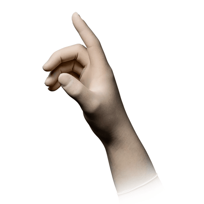 An image of a right hand wearing light AMPri MED-COMFORT 300 powder-free latex gloves, white from AMPri Handelsgesellschaft mbH, positioned so that the thumb and index finger touch and the other fingers are slightly curved. The background is plain white, highlighting the gesture of the hand.