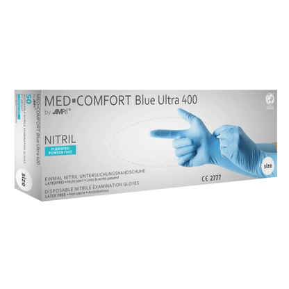A box of AMPri MED-COMFORT BLUE ULTRA 400 extra-long disposable examination gloves made of nitrile from AMPri Handelsgesellschaft mbH, marked as size 'S' and ideal for the food industry. These blue nitrile gloves are latex-free, powder-free, and ambidextrous. The packaging features an image of hands wearing these blue examination gloves.