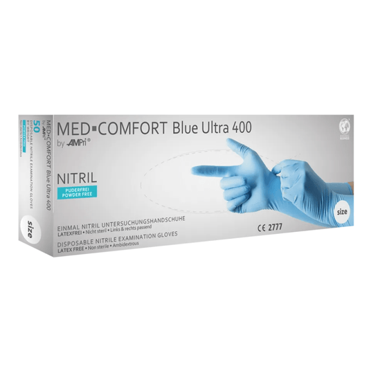 A box of AMPri MED-COMFORT BLUE ULTRA 400 extra-long disposable examination gloves made of nitrile from AMPri Handelsgesellschaft mbH, marked as size 'S' and ideal for the food industry. These blue nitrile gloves are latex-free, powder-free, and ambidextrous. The packaging features an image of hands wearing these blue examination gloves.