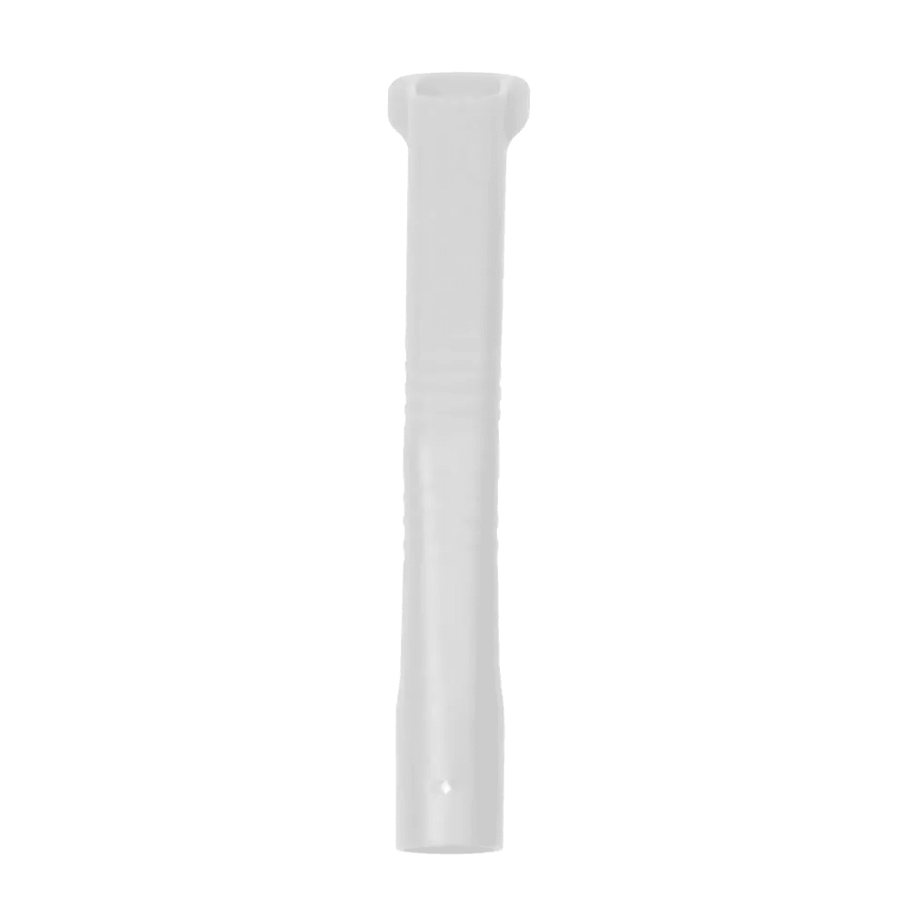 The AMPri MED-COMFORT dental aspiration cannula for adults made of polypropylene, available in various colors, is depicted against a plain white background. The product has a cylindrical shape with a rounded top and an opening at the bottom end.