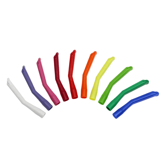 A semicircular arrangement of ten colorful AMPri MED-COMFORT dental suction cannulas for adults, made from polypropylene by AMPri Handelsgesellschaft mbH. Each angled plastic tip features a vibrant color: White, Purple, Pink, Red, Orange, Yellow, Light Green, Green, Blue Green, and Navy Blue.