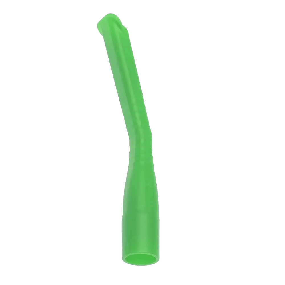 The AMPri MED-COMFORT dental suction cannulas for children are available in various colors and are a green plastic saliva ejector with a curved shape and textured surface for better grip. They are perfect as a child-friendly dental tool, are sterilizable and reusable, and offer both safety and sustainability for every dental session.