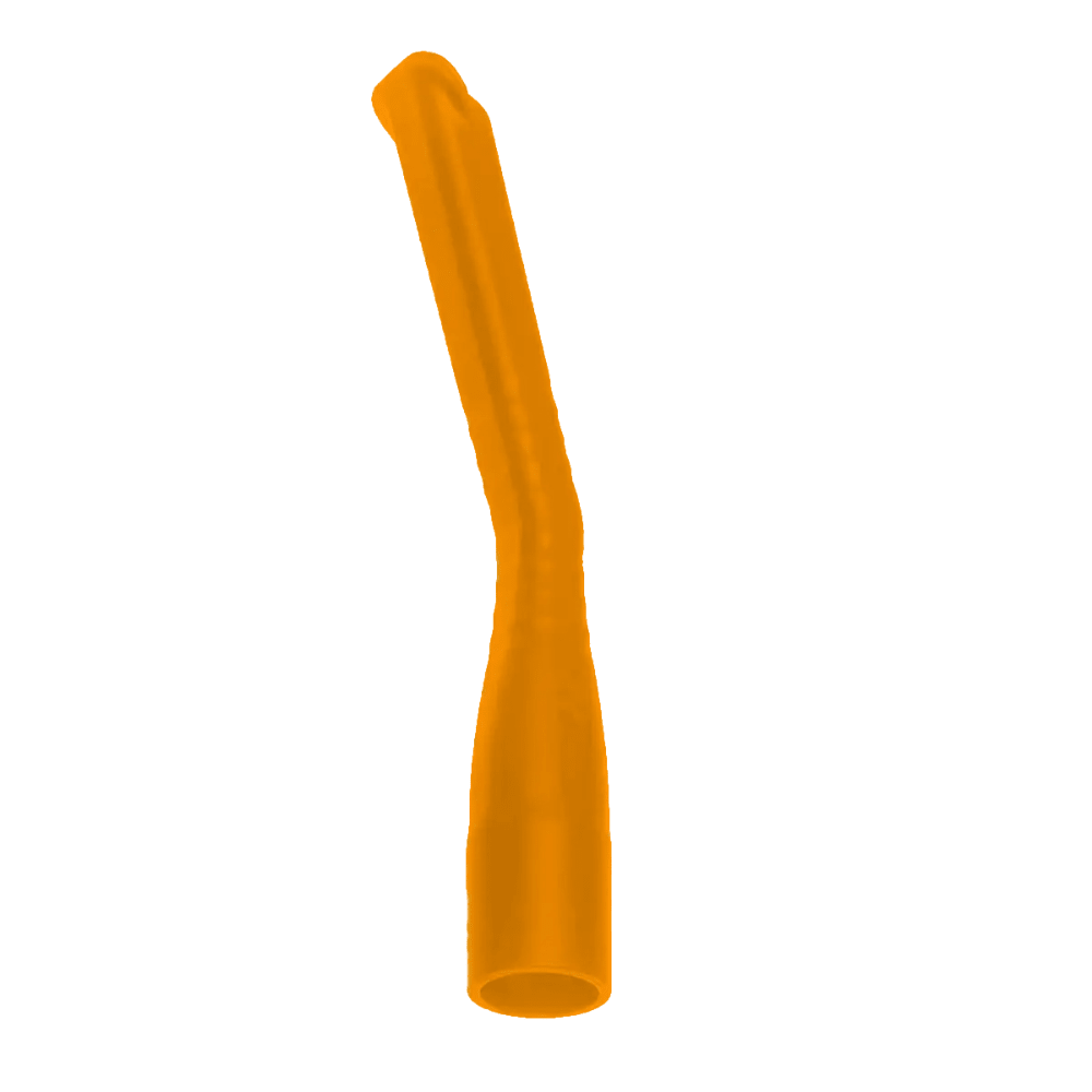This elongated, child-friendly plastic nozzle, available in various colors, resembles the AMPri MED-COMFORT dental suction cannulas. It has a slightly curved shape with a cylindrical opening at one end and is placed on a white background.