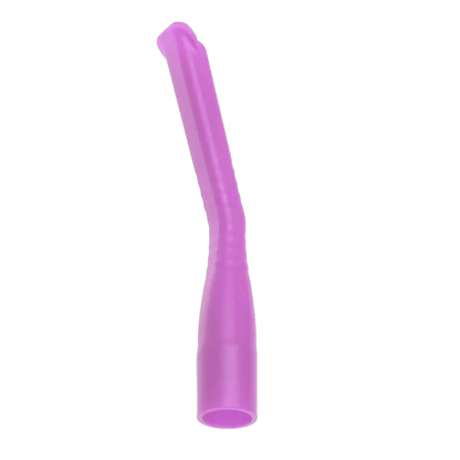The AMPri MED-COMFORT dental suction cannulas for children, offered by AMPri Handelsgesellschaft mbH, are a purple plastic vacuum nozzle attachment with a slim, elongated design. It features a slightly curved tube structure for cleaning hard-to-reach areas and has a ribbed section for better grip. Additionally, the nozzle is sterilized and reusable.