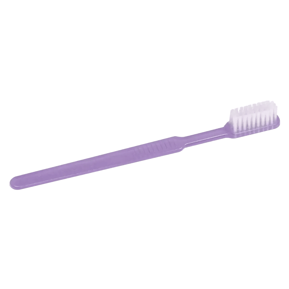 Against a white background, a purple AMPri MED-COMFORT Dental PS disposable toothbrush with a long, straight handle and white bristles is visible – ideal for dental care while traveling.