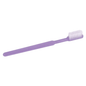 Against a white background, a purple AMPri MED-COMFORT Dental PS disposable toothbrush with a long, straight handle and white bristles is visible – ideal for dental care while traveling.
