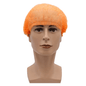 Pictured is a mannequin head with an orange AMPri MED-COMFORT clip cap 52 cm by AMPri Handelsgesellschaft mbH. The background is plain white. The polypropylene cap covers the entire head and fits snugly at the hairline, providing hygienic protection.
