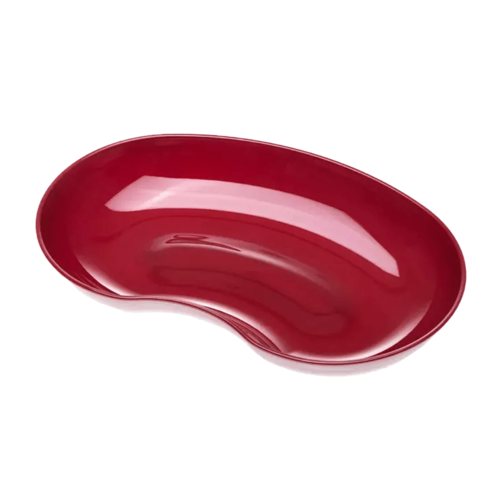 The AMPri MED-COMFORT plastic kidney dish 24 cm 600 ml from AMPri Handelsgesellschaft mbH is a kidney-shaped dish with a smooth, glossy surface. The dish features a curved indentation reminiscent of the shape of a kidney bean and is available in various colors. Photographed on a plain white background, its distinctive shape and glossy surface are well highlighted.