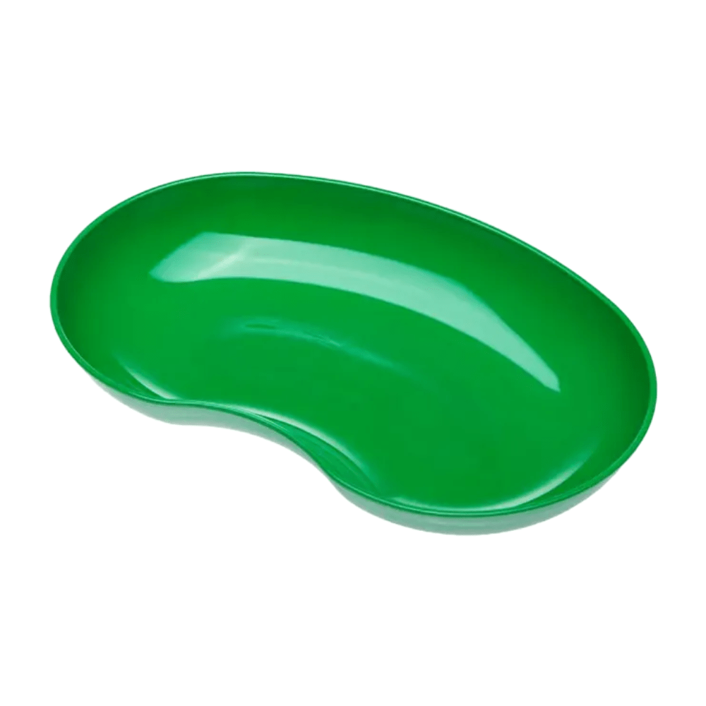 The AMPri MED-COMFORT plastic kidney bowl 24 cm 600 ml, manufactured by AMPri Handelsgesellschaft mbH, is a practical medical aid with a green, kidney-shaped form and a smooth surface. It features a concave area that is perfect for holding small items or fluids and is available in various colors.