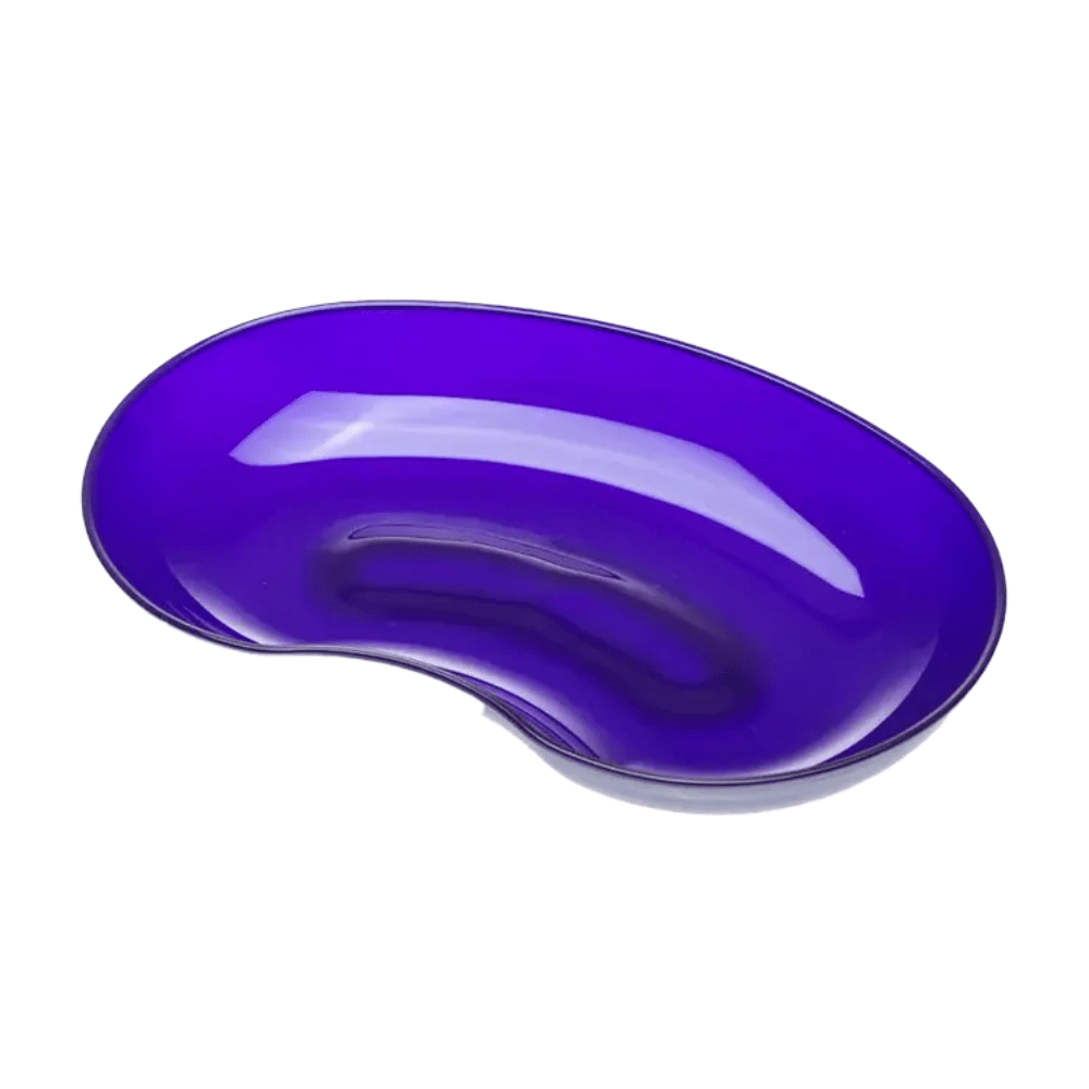 A kidney-shaped, shiny, purple bowl on a plain white background, categorized as a medical aid and part of the AMPri MED-COMFORT plastic kidney bowl 24 cm 600 ml series by AMPri Handelsgesellschaft mbH, which is available in various colors.
