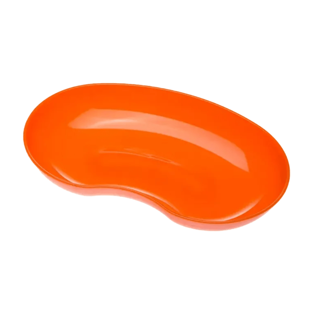 The AMPri MED-COMFORT plastic kidney bowl 24 cm 600 ml by AMPri Handelsgesellschaft mbH is an orange, kidney-shaped bowl with a smooth, reflective surface and serves as a versatile medical aid, available in various colors.
