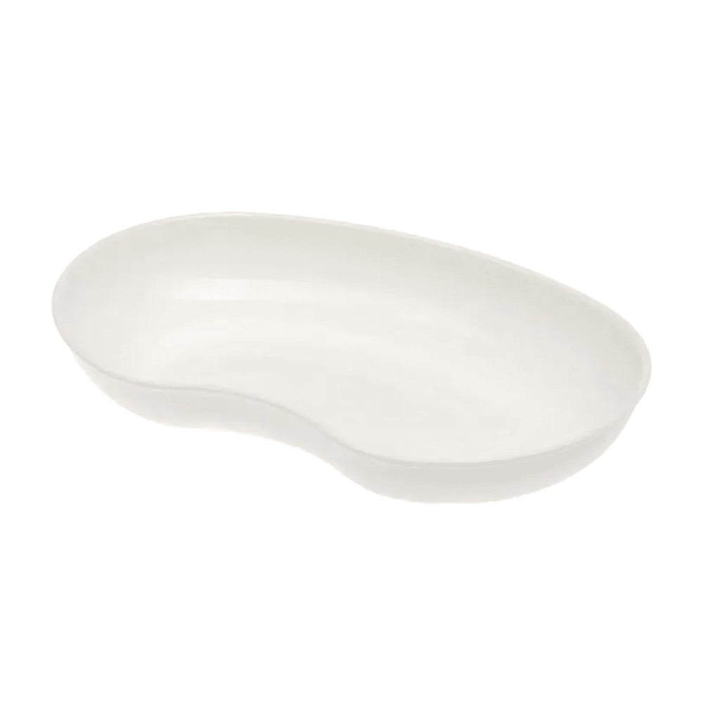 The AMPri MED-COMFORT plastic kidney dish 24 cm 600 ml from AMPri Handelsgesellschaft mbH is a white, kidney-shaped medical dish with a smooth surface and is often used in the medical field to store surgical instruments or to collect fluids. It is flat and has a slightly curved indentation at the edge. It is available in various colors.