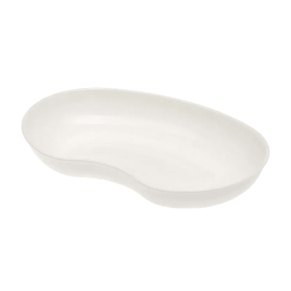 The AMPri MED-COMFORT plastic kidney dish 24 cm 600 ml from AMPri Handelsgesellschaft mbH is a white, kidney-shaped medical dish with a smooth surface and is often used in the medical field to store surgical instruments or to collect fluids. It is flat and has a slightly curved indentation at the edge. It is available in various colors.