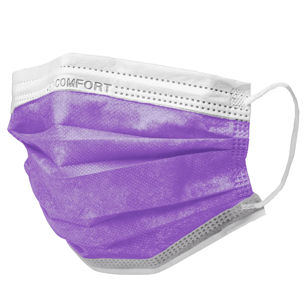 A disposable face mask by AMPri Handelsgesellschaft mbH with the brand AMPri MED-COMFORT surgical mask Type IIR with a purple front and white elastic ear loops. The word 'COMFORT' is visible at the top edge of the mask. This mask meets EN 14683 standards, has three pleats, and a white inner lining for optimal mouth-nose protection. It is available in a box of 50 pieces.