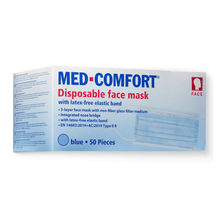 Picture of a box of AMPri MED-COMFORT surgical mask Type IIR, various colors. The box is predominantly white with blue text and details. It contains 50 pieces and features a 3-layer mask with latex-free elastic band, integrated nose bridge, and Type-IIR certification by AMPri Handelsgesellschaft mbH.