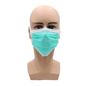 In front of a white background, a bald mannequin head is depicted wearing an AMPri MED-COMFORT surgical mask for tying Type IIR, covering the nose and mouth.