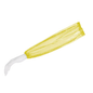 Visible is the arm of a mannequin wearing a long, translucent AMPri MED-COMFORT PE sleeve cover by AMPri Handelsgesellschaft mbH in yellow, perfect for use in the food industry.