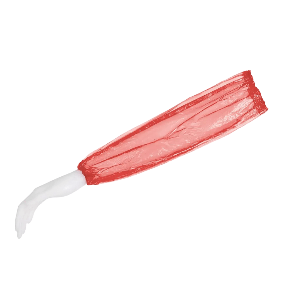 A red AMPri MED-COMFORT PE sleeve cover is attached to the hand and forearm of a white mannequin, specially manufactured by AMPri Handelsgesellschaft mbH for the food industry. The thin polyethylene sleeve cover loosely fits along the arm and measures 40 x 20 cm.