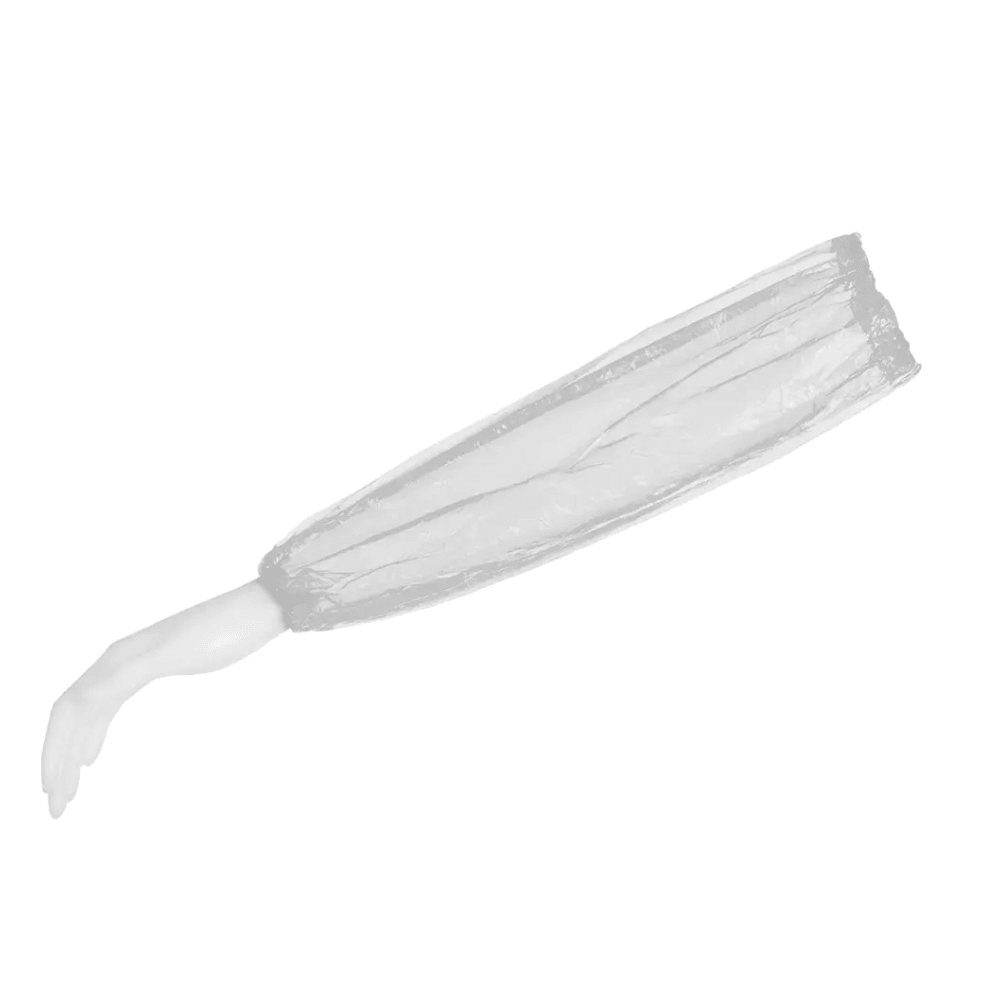 A mannequin arm in white presents an AMPri MED-COMFORT PE sleeve cover, 40 x 20 cm in size, made of transparent polyethylene and thus perfectly suited for the food industry. The sleeve extends from the wrist to above the elbow on a plain white background. This product is by AMPri Handelsgesellschaft mbH.