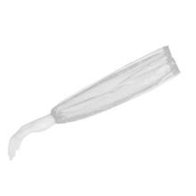 A mannequin arm in white presents an AMPri MED-COMFORT PE sleeve cover, 40 x 20 cm in size, made of transparent polyethylene and thus perfectly suited for the food industry. The sleeve extends from the wrist to above the elbow on a plain white background. This product is by AMPri Handelsgesellschaft mbH.