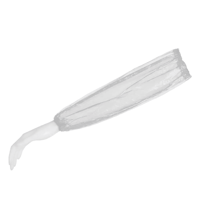 A mannequin arm in white presents an AMPri MED-COMFORT PE sleeve cover, 40 x 20 cm in size, made of transparent polyethylene and thus perfectly suited for the food industry. The sleeve extends from the wrist to above the elbow on a plain white background. This product is by AMPri Handelsgesellschaft mbH.