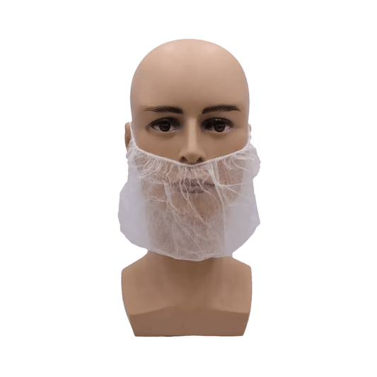 Displayed is a bald mannequin head with an AMPri MED-COMFORT PP beard mask in white, from a 100-piece pack by AMPri Handelsgesellschaft mbH. The beard mask made of polypropylene spunbond fits snugly around the chin and jaw area and covers the lower half of the face. The background is plain white.