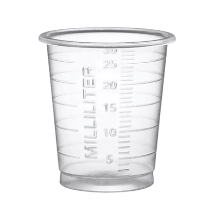 A transparent measuring cup made of polypropylene, designed for precise dosing with measurements from 5 to 30 milliliters, under the product name "AMPri MED-COMFORT PP Eco disposable medical cup 30 ml graduated, various colors," from AMPri Handelsgesellschaft mbH.