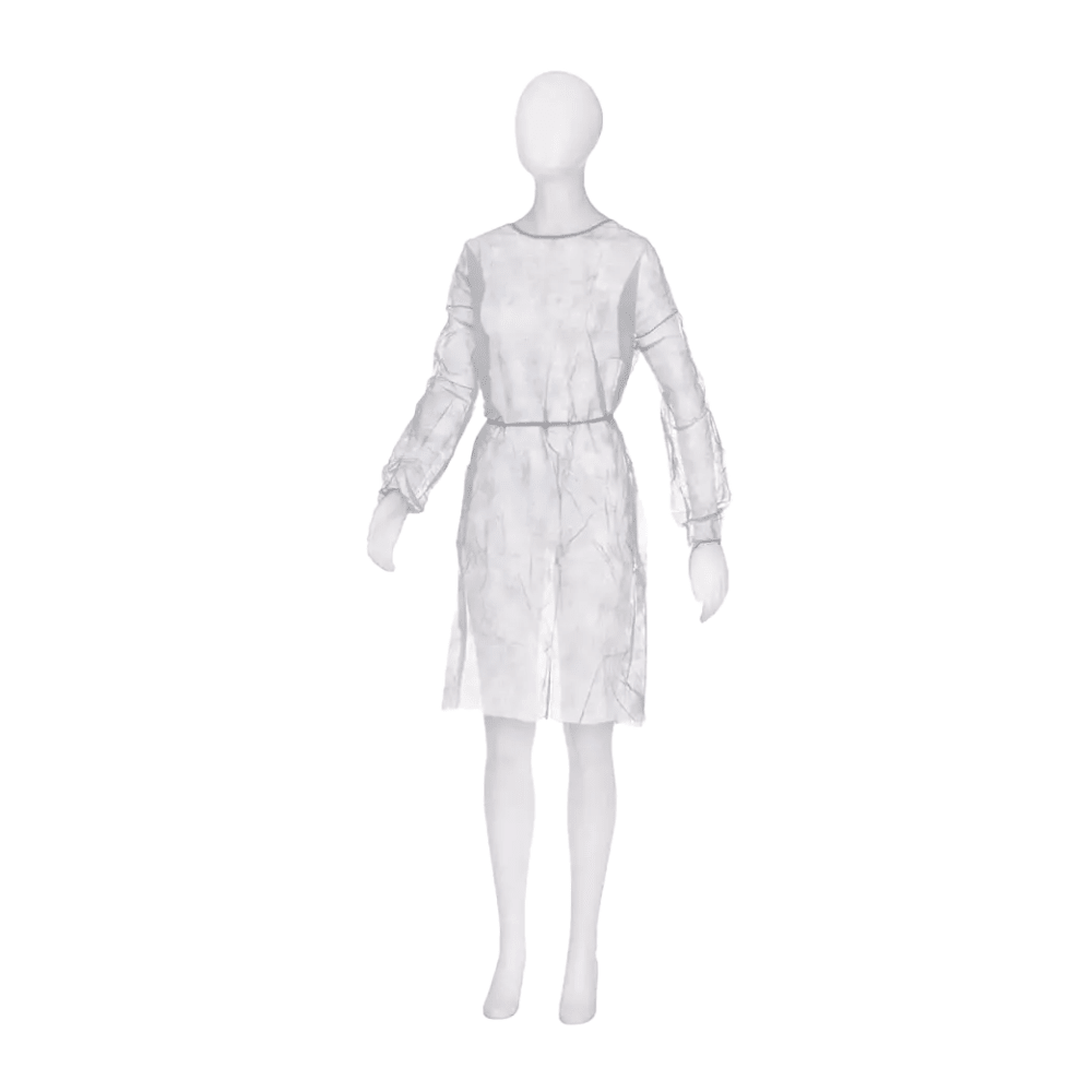A white mannequin wears a transparent, long-sleeved, knee-length light gray dress reminiscent of the minimalist design of the MED-COMFORT PP disposable visitor gown with elastic band in the sleeve by AMPri Handelsgesellschaft mbH. The outfit exudes simplicity and elegance against a plain white background.