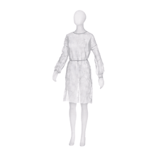 A white mannequin wears a transparent, long-sleeved, knee-length light gray dress reminiscent of the minimalist design of the MED-COMFORT PP disposable visitor gown with elastic band in the sleeve by AMPri Handelsgesellschaft mbH. The outfit exudes simplicity and elegance against a plain white background.