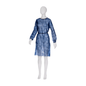 A white mannequin wears a transparent, long-sleeved blue dress similar to the AMPri MED-COMFORT PP disposable visitor gown with elastic band in the sleeve by AMPri Handelsgesellschaft mbH and features a subtle texture. The dress is cinched at the waist with a thin black belt and the mannequin stands against a plain white background.