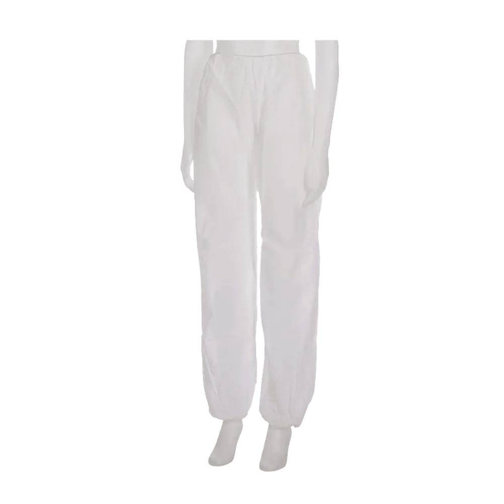 Displayed is a mannequin wearing the AMPri MED-COMFORT PP nonwoven disposable pants, manufactured by AMPri Handelsgesellschaft mbH. These high-waisted, loose-fitting pants are made of lightweight polypropylene and showcase their hygienic properties against a simple white background that highlights their clear and clean design.