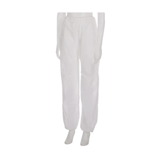 Displayed is a mannequin wearing the AMPri MED-COMFORT PP nonwoven disposable pants, manufactured by AMPri Handelsgesellschaft mbH. These high-waisted, loose-fitting pants are made of lightweight polypropylene and showcase their hygienic properties against a simple white background that highlights their clear and clean design.
