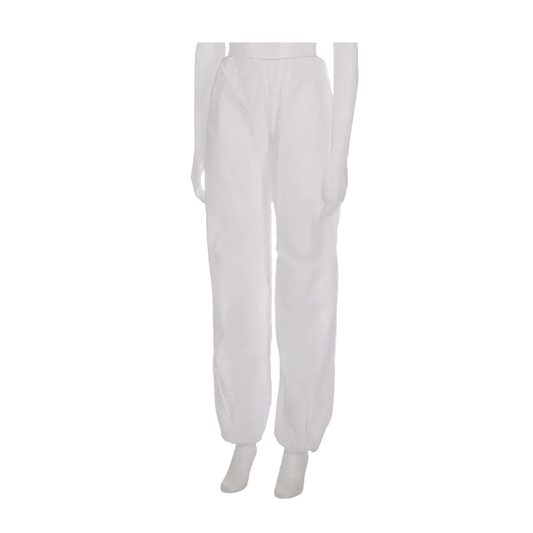 Displayed is a mannequin wearing the AMPri MED-COMFORT PP nonwoven disposable pants, manufactured by AMPri Handelsgesellschaft mbH. These high-waisted, loose-fitting pants are made of lightweight polypropylene and showcase their hygienic properties against a simple white background that highlights their clear and clean design.