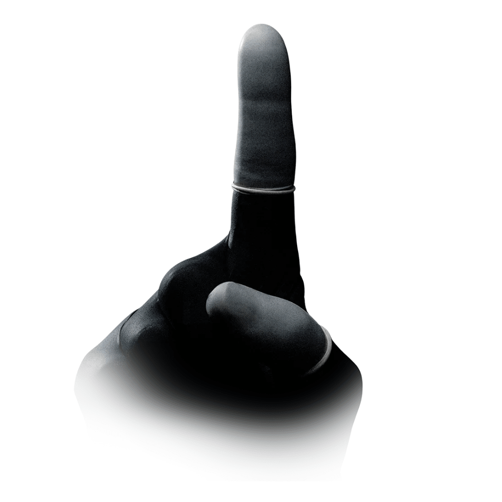 A black and white image of a hand making an upward-pointing gesture with an extended index finger. The hand appears to wear a thin, light ring on the middle finger, indicating AMPri MED-COMFORT Latex Finger Cots available in various sizes. The background is white and the lower part of the image fades into white, creating a gradient effect. The product is from AMPri Handelsgesellschaft mbH and comes in a pack of 100 pieces.