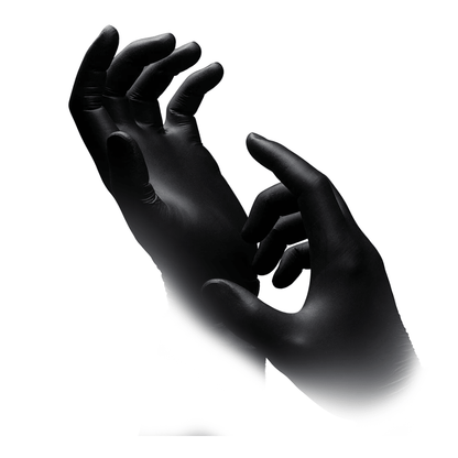 Two hands wearing AMPri Nature Gloves BLACK nitrile gloves from AMPri Handelsgesellschaft mbH, known for high resistance as well as chemical and biological protection, are positioned against a white background. The fingers of the hands are slightly bent, creating a dramatic pose.