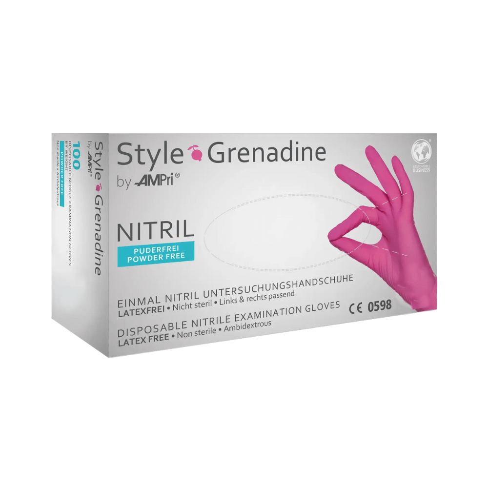 A box of AMPri nitrile gloves in pink from AMPri Handelsgesellschaft mbH. The box is labeled as powder-free, latex-free, non-sterile, and ambidextrous, and contains 100 examination gloves per box. A hand wearing a pink glove is depicted on the box.
