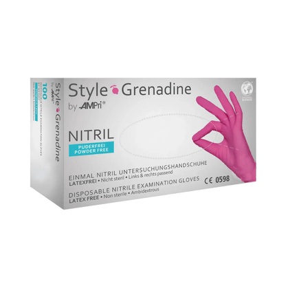A box of AMPri nitrile gloves in pink from AMPri Handelsgesellschaft mbH. The box is labeled as powder-free, latex-free, non-sterile, and ambidextrous, and contains 100 examination gloves per box. A hand wearing a pink glove is depicted on the box.